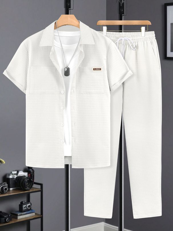 Men's Textured Checkered Short-Sleeve Shirt & Trousers Set – Summer Casual Two-Piece Outfit With Lapel Collar (S-XXL)_viptrois.com