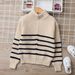 Mother & Kids Boys' Striped Lambswool Cardigan Sweater - Soft & Warm Knit Pullover For Big Kids (8+ Years), Long Sleeve, Stand Collar, Winter_viptrois.com