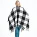 Unisex Women's black and white tassel plaid split cape_viptrois.com