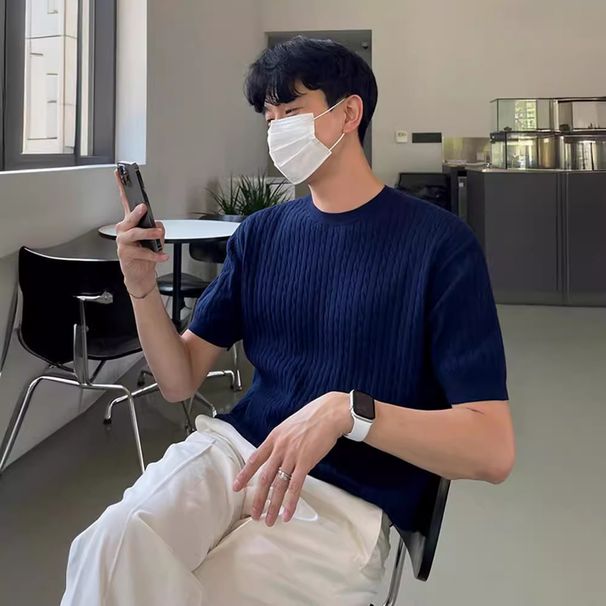 Men's Clothing Spring And Autumn Round Neck Loose Ins High End Top Solid Color Casual Soft Men's Clothing_viptrois.com