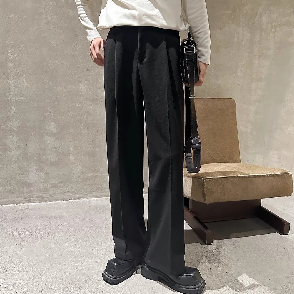 Cleanfit Men's Dress Pants Neapolitan Style Loose Fitting Black Slightly Flared Straight Leg Extended Wide Leg Trousers_viptrois.com