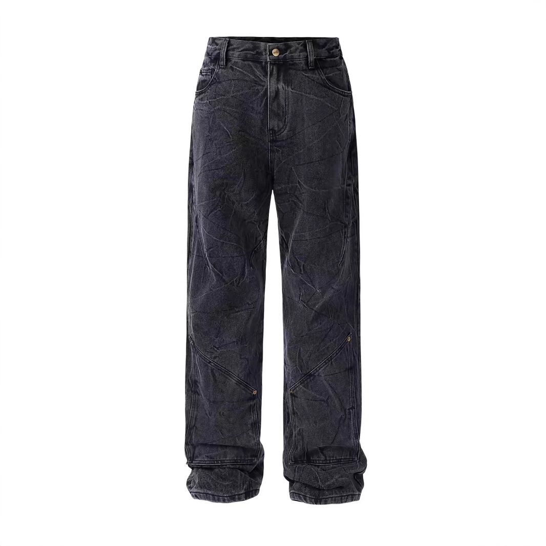 Men's Clothing Cleanfit Retro Snowflake Washed Jeans For Men Heavy Duty Distressed Ripple Pleated Vibe Straight Pants_viptrois.com