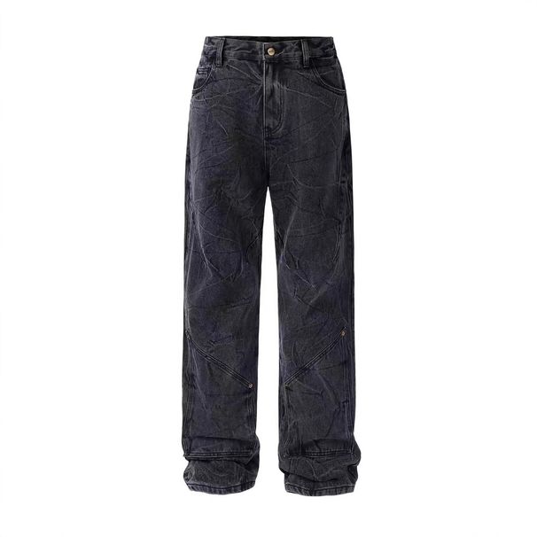 Men's Clothing Cleanfit Retro Snowflake Washed Jeans For Men Heavy Duty Distressed Ripple Pleated Vibe Straight Pants_viptrois.com