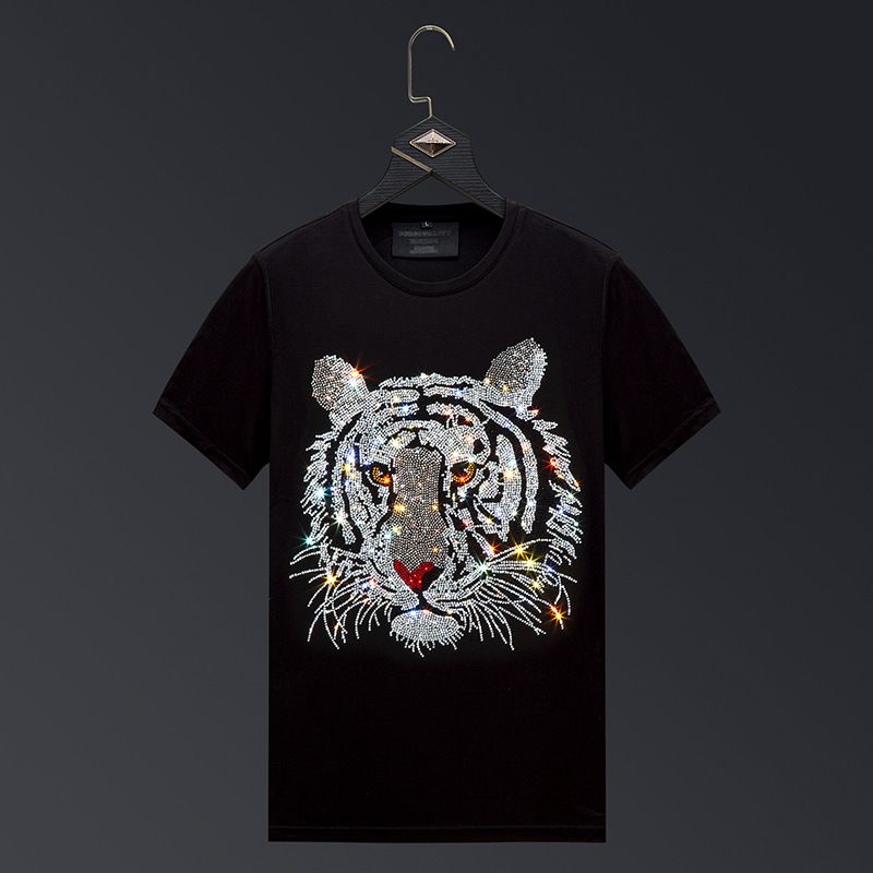 Men's Clothing New T Shirt Short Sleeved Men's Hot Diamond Tiger Head Mercerized Cotton Simple Summer Slim Fashion Brand Large Size Half Sleeved Men_viptrois.com