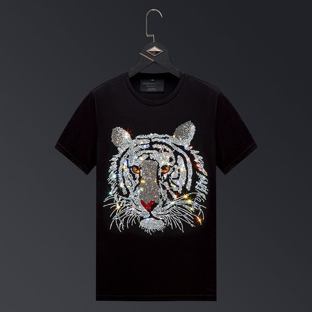 Men's Clothing New T Shirt Short Sleeved Men's Hot Diamond Tiger Head Mercerized Cotton Simple Summer Slim Fashion Brand Large Size Half Sleeved Men_viptrois.com