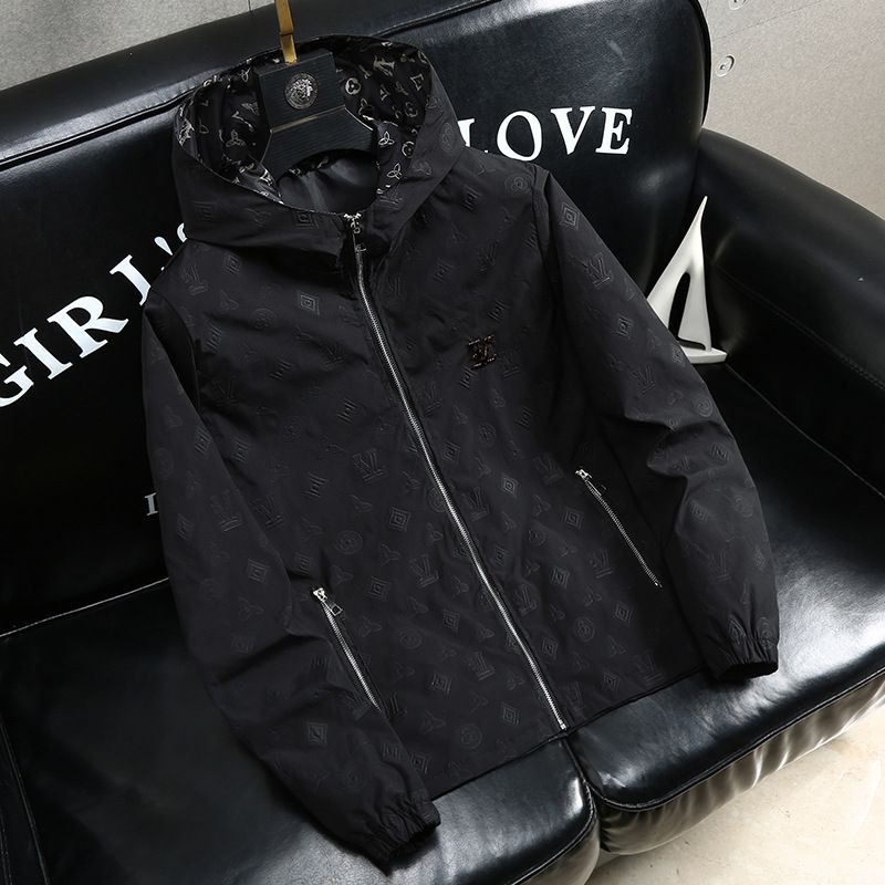 Men's All-Over Monogram Print Hooded Windbreaker Jacket, Lightweight Zip-Up Coat With Zipper Pockets, Water-Resistant Casual Outerwear For Spring/Fall_viptrois.com