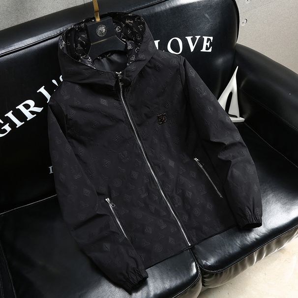Men's All-Over Monogram Print Hooded Windbreaker Jacket, Lightweight Zip-Up Coat With Zipper Pockets, Water-Resistant Casual Outerwear For Spring/Fall_viptrois.com
