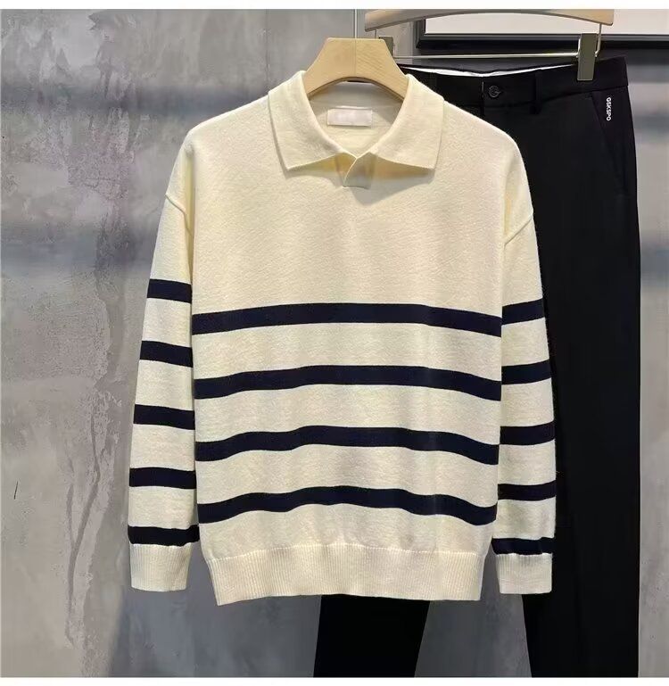 Long Sleeved Knitted Sweater Men's V-neck Lapel Striped_viptrois.com