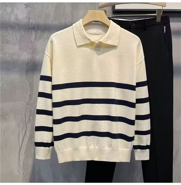 Long Sleeved Knitted Sweater Men's V-neck Lapel Striped_viptrois.com