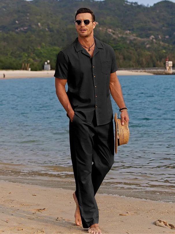 Men's Clothing Summer Sports Short Sleeved + Long Pants Two Piece Men's Casual Suit Hawaiian Beachwear Short Sleeved Shirt_viptrois.com