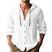 Men's Clothing Solid Color Casual Long Sleeved Shirt Hooded Drawstring Cotton And Linen Cardigan Trendy All Match Loose Beach T Shirt_viptrois.com