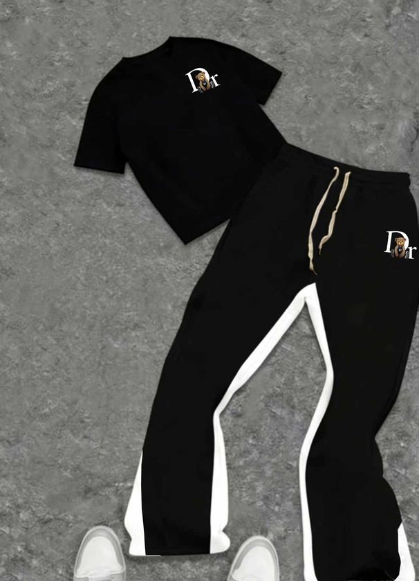 DR BEAR New Cross Border Style Black Casual Suit For Men 2026 Set Sweatpants American High Street Style Drawstring Patchwork Sports Pants_viptrois.com