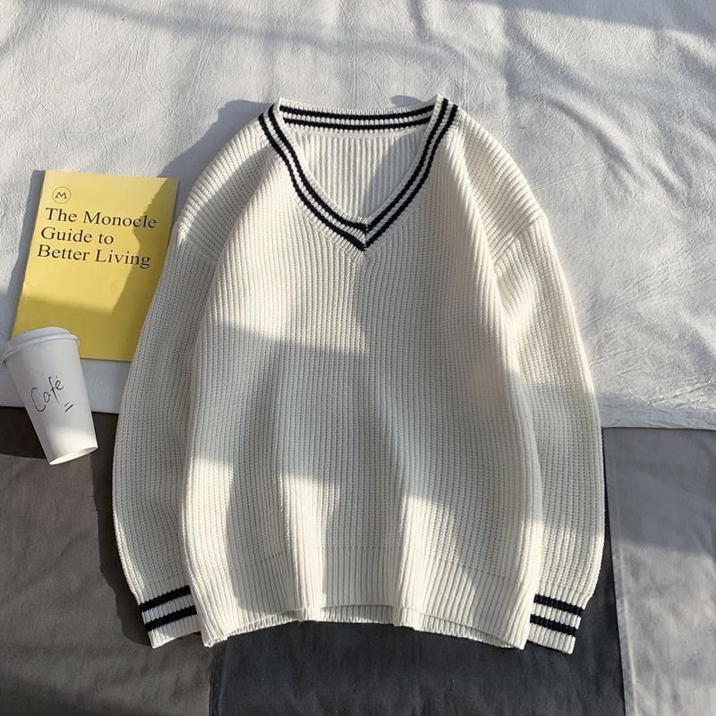 V-Neck Men's Autumn Winter Knitted Sweater Korean Version Loose Thick Base Shirt Black And White Yarn Long Sleeved Top_viptrois.com