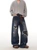 Men's Clothing Wasteland Style Dirty Dyed Hole Jeans Men's Summer High Street Vibe Flared Straight Casual Loose Pants_viptrois.com