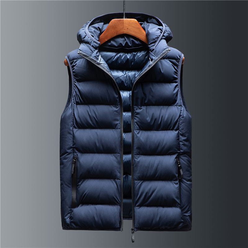 Men's Cotton Hooded Vest With Stand Collar, Loose Fit Winter Vest For Plus Size, Warm Fleece Lined Casual Outerwear_viptrois.com