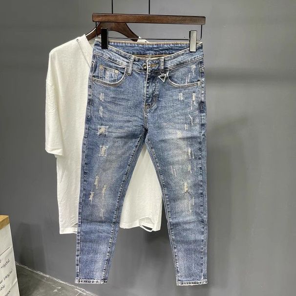Men's Clothing 2025 New Nine Point Jeans Men's Net Celebrity Skinny Pants Korean Style Trendy Retro Elastic Personality Embroidery Scratched Beggar_viptrois.com