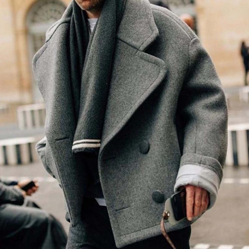 Men's Double-Breasted Wool-Blend Peacoat – Slim Fit Short Jacket For Urban Winter (White & Grey, S-Xxxl)_viptrois.com