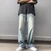 Retro Light Blue Men's Jeans High Street Hip Hop Stacked Design Straight Leg Loose Fit_viptrois.com