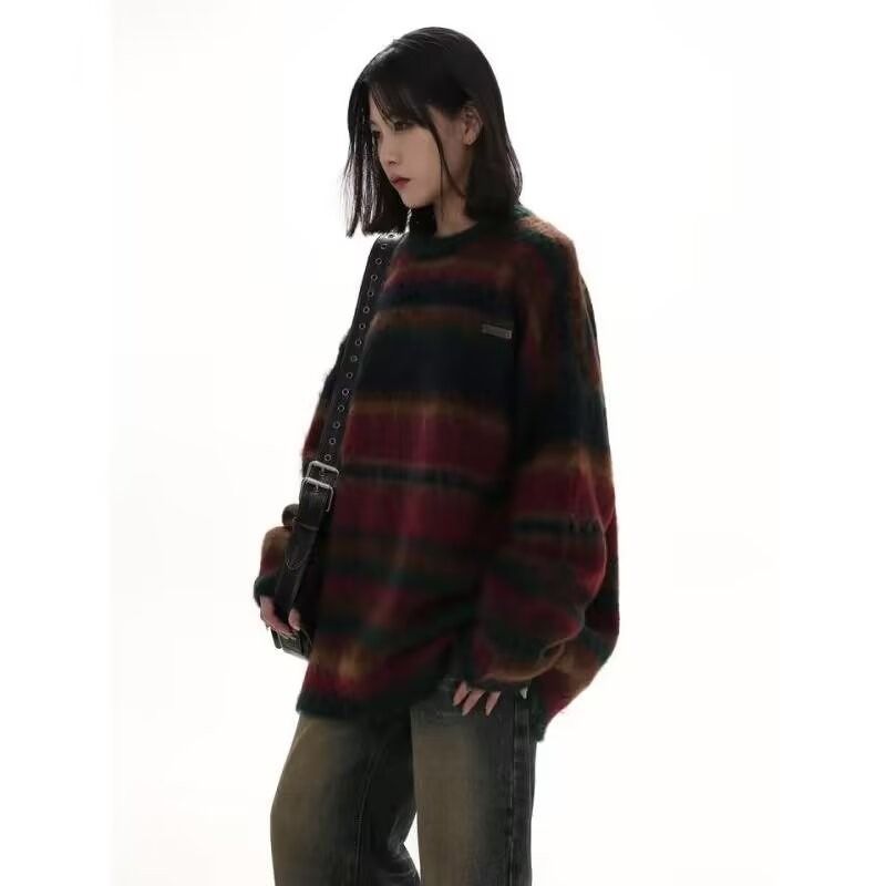 Round Neck Striped Contrasting Sweater Autumn And Winter New Loose Plush Knit Sweater_viptrois.com