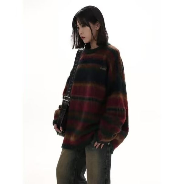 Round Neck Striped Contrasting Sweater Autumn And Winter New Loose Plush Knit Sweater_viptrois.com