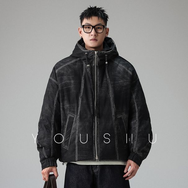 Auhenic Whie Duck Vinage Disressed Hooded Down Jacke For Men Winer New Loose American Syle Trendy Brand_viptrois.com