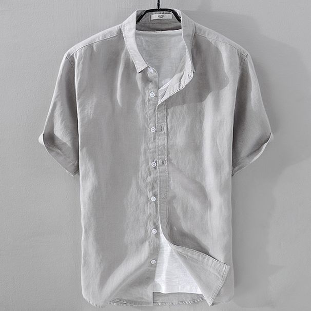 Men's Clothing Breathable Pure Linen Shirt Men's Short Sleeved Loose Tops Summer Wear Thin Lapel White Cotton And Linen Shirt_viptrois.com
