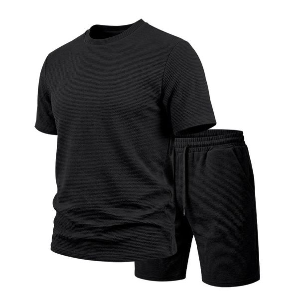 Men's Textured Short Sleeve T-Shirt And Shorts Set Heavyweight Stretch Polyester Lounge Wear in White Black Light Gray Brown_viptrois.com