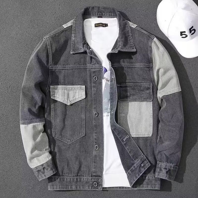 "Korean-Japanese Fusion Denim Jacket – Oversized Workwear Style With Contrast Splicing (Dark Gray/Bluish, M-5XL)"_viptrois.com