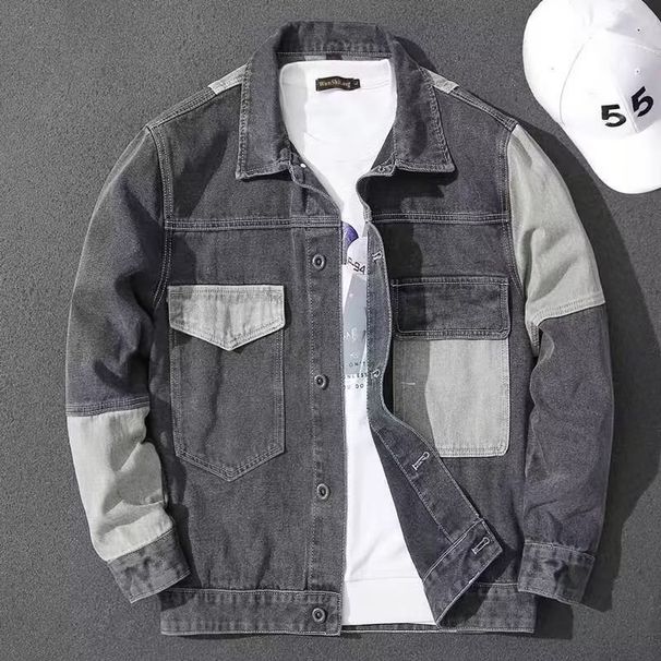"Korean-Japanese Fusion Denim Jacket – Oversized Workwear Style With Contrast Splicing (Dark Gray/Bluish, M-5XL)"_viptrois.com