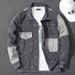 "Korean-Japanese Fusion Denim Jacket – Oversized Workwear Style With Contrast Splicing (Dark Gray/Bluish, M-5XL)"_viptrois.com