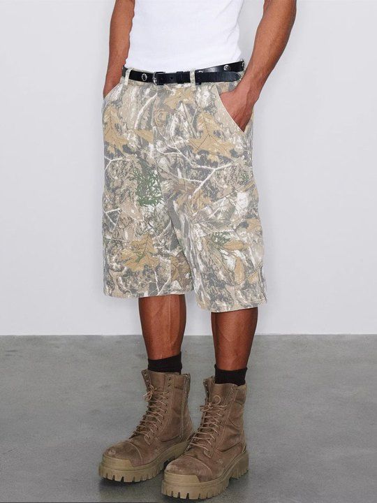 European And American Cross Border Retro Street Harajuku Leaf Camouflage Print Loose Workwear Casual Shorts Cropped Pants Men And Women Summer_viptrois.com