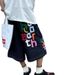 Japanese Streetwear Denim Shorts For Men & Women - Colorful Letter Print, Loose Fit Cropped Dark Blue Summer Shorts_viptrois.com