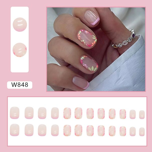 False Nails Cute Short Sweet Girl's Garland Nail Art Colorful Flowers Pure Immortal Nail Powder Wear Nail Pieces_viptrois.com