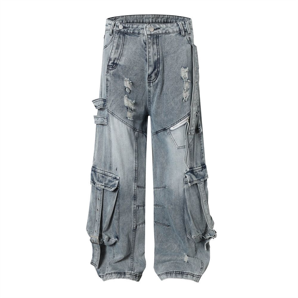 Post-Industrial Distressed Washed Workwear Jeans For Men With Design Sense, Heavy-Duty Split And Spliced Wide-Leg_viptrois.com