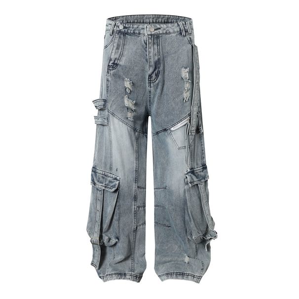 Post-Industrial Distressed Washed Workwear Jeans For Men With Design Sense, Heavy-Duty Split And Spliced Wide-Leg_viptrois.com