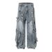 Post-Industrial Distressed Washed Workwear Jeans For Men With Design Sense, Heavy-Duty Split And Spliced Wide-Leg_viptrois.com