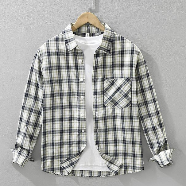 Fresh Plaid Long Sleeved Shirt For Men, Fashionable And Versatile, Artistic And Casual Loose Top_viptrois.com