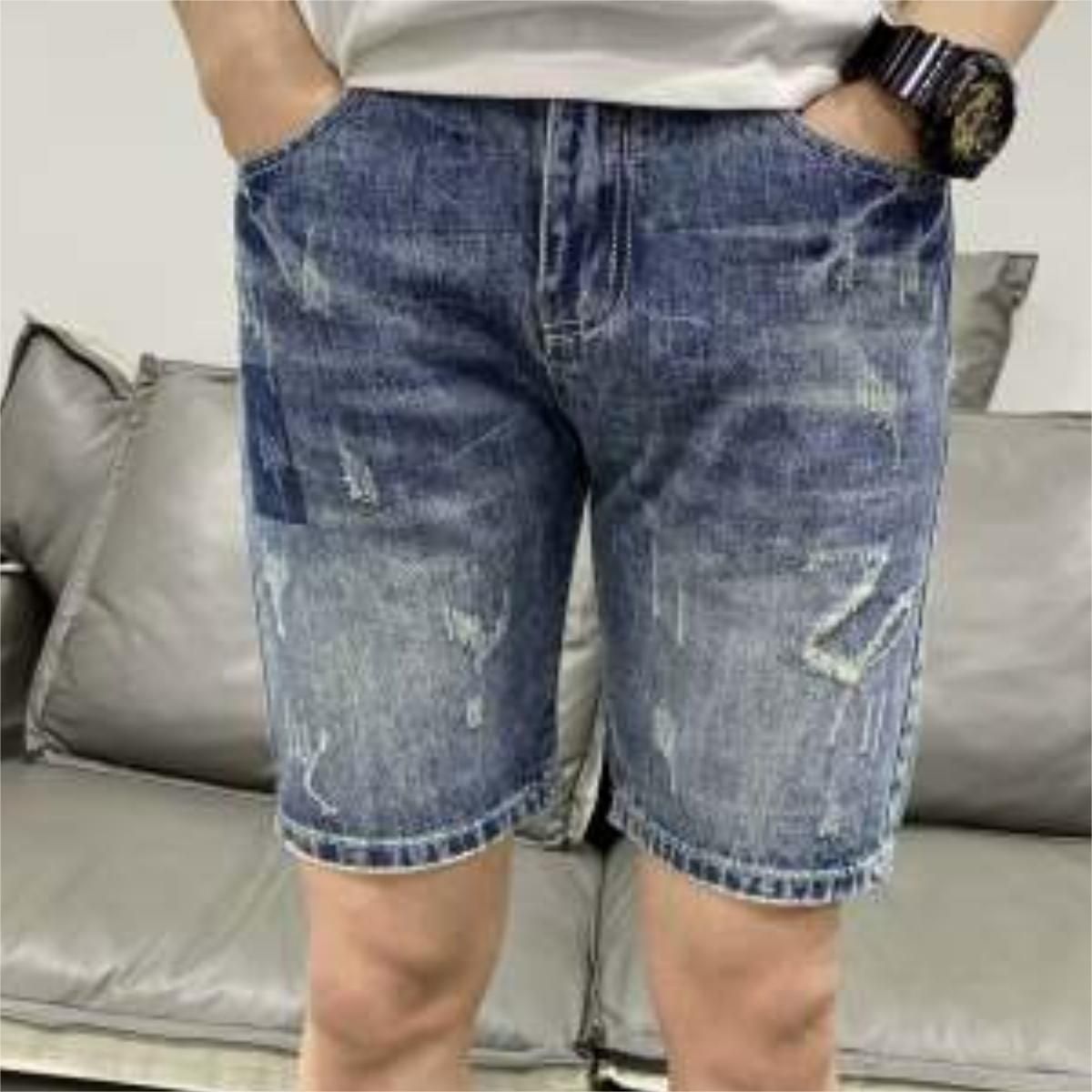 Men's Clothing Denim Shorts Summer Thin Loose Trendy Breeches Ripped Casual Five Point Mid Length Pants_viptrois.com