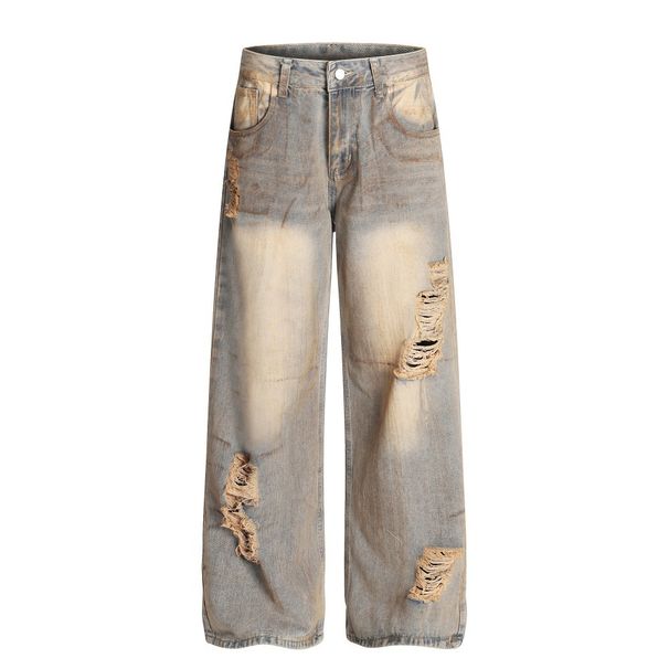 Heavy Industry Wasteland Vintage Distressed Ripped Jeans For Men Loose Niche Washed White Dirty Wide-Leg Straight Pants_viptrois.com