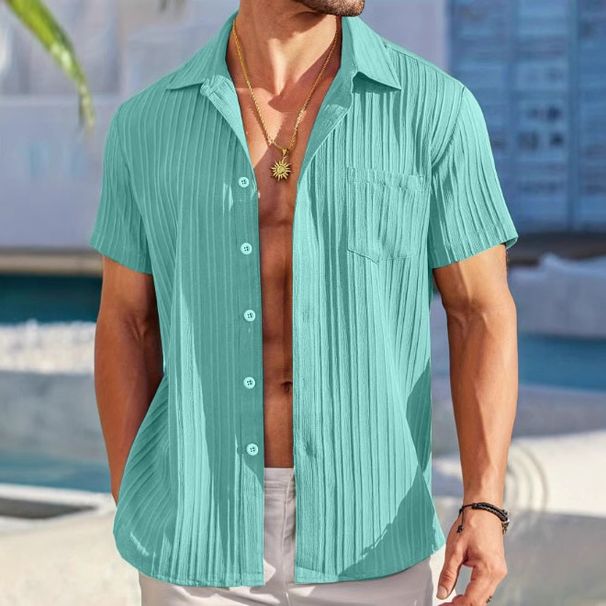 Men's Short Sleeve Casual Shirt – Lightweight V-Neck, Single-Breasted (Pink/Red/Lake Blue/Black/Khaki, S-XXL)_viptrois.com