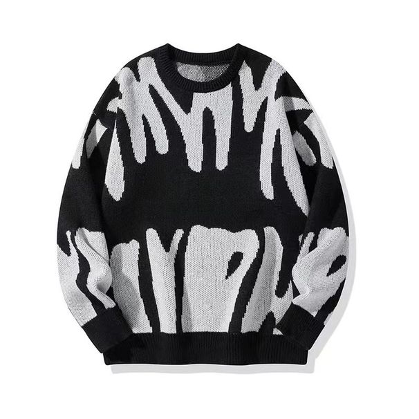 Men's Stylish Jacquard Knit Sweater - Loose Fit Round Neck Long Sleeve Pullover For Teens & Adults (Black/White, Grey/Black, Cream/Brown, Blue/White)_viptrois.com