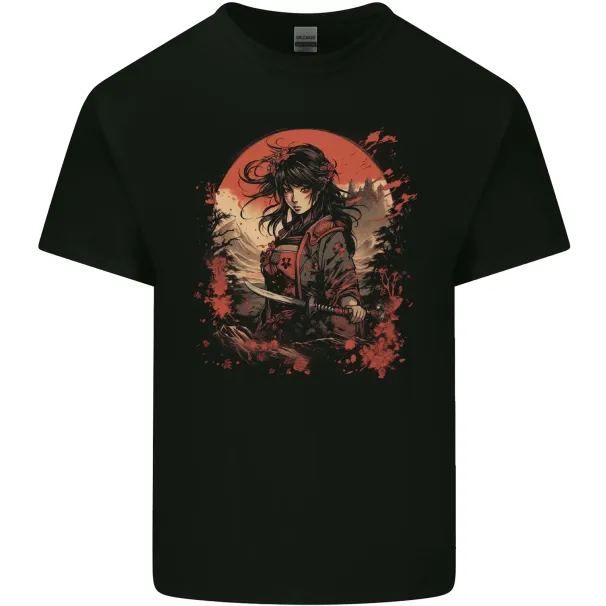 Anime Samurai Girl Fantasy Warrior Mens Cotton T-Shirt Mens Womens Tees Top Tee Top_viptrois.com