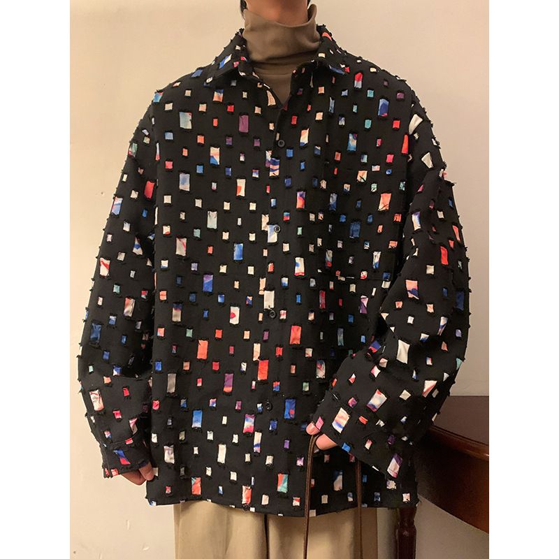New Spring Fashion Cotton Distressed Shirt For Men Women Oversized Loose Fit Long Sleeve Button-Up With Color Block Design White Black Beige Orange_viptrois.com
