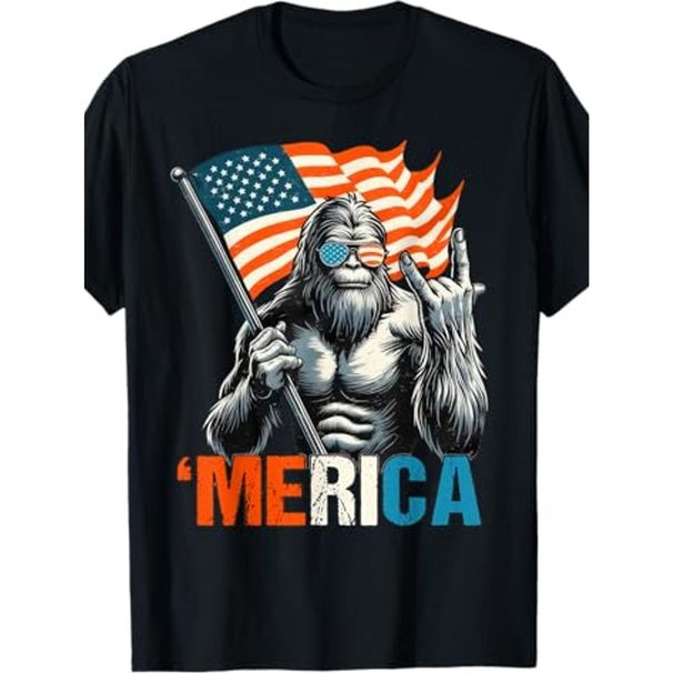 Camiseta Toque Divertido: Figura Icónica De Bigfoot Sosteniendo Una Bandera Y Haciendo Gesto Con 'Merica' Para Un_viptrois.com