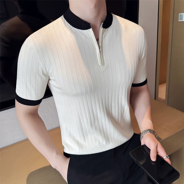 Men's Premium Striped Knit Polo Shirt Short Sleeve Half Zip Color Blocked Stand Collar Casual 2026_viptrois.com