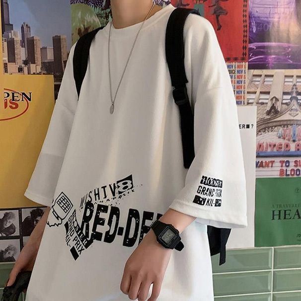 2025 Summer New Fashion Letter Printing Handsome Short-sleeved T-shirt Trendy Casual Men's Crew Neck Top_viptrois.com