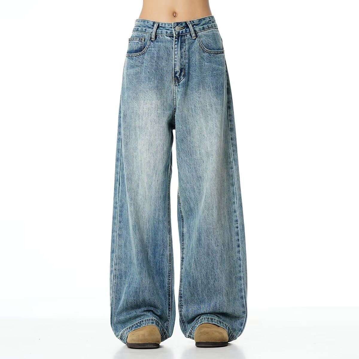 Men's Clothing Fashion Mid Waist Design Lightning Crack Washed Jeans For Men Spring And Autumn Retro Loose Straight Pants_viptrois.com