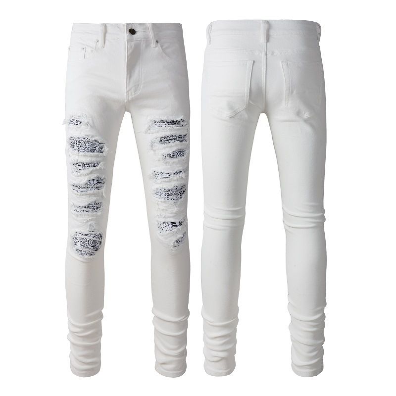 Men's Clothing American Fashion Casual High Street White Jeans Men's Slim Elastic Ripped White Men's Pants 592_viptrois.com
