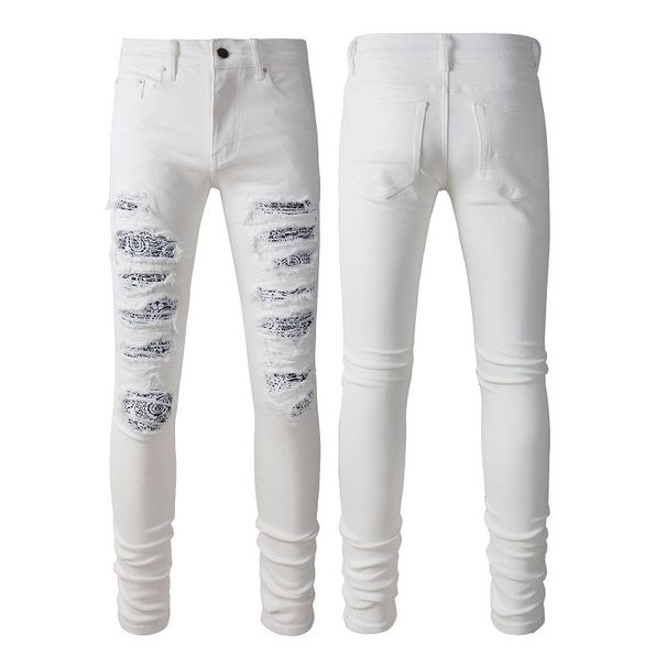 Men's Clothing American Fashion Casual High Street White Jeans Men's Slim Elastic Ripped White Men's Pants 592_viptrois.com