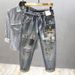 Vintage Washed Denim Jeans For Men, Embroidered & Patchwork Design, Relaxed Straight Leg Trousers With Retro Style_viptrois.com